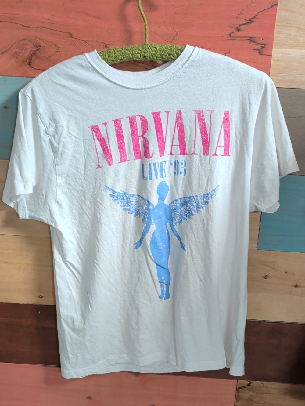 NIRVANA White Tee with Pink Logo and Blue Angel Graphic